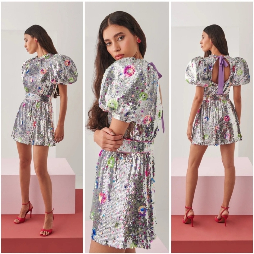 CeliaB Silver Sequin Mini Dress with Floral Accents - Picture 2 of 15